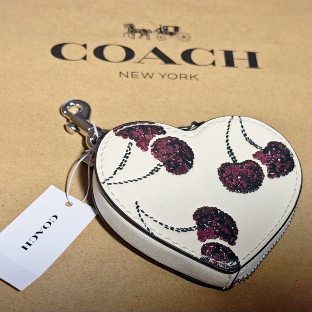 Coach White and Burgundy Heart Coin Pouch